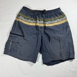Speedo Vintage Y2K Navy & Yellow Tribal Patterned Swim Trunks Men's Size Large